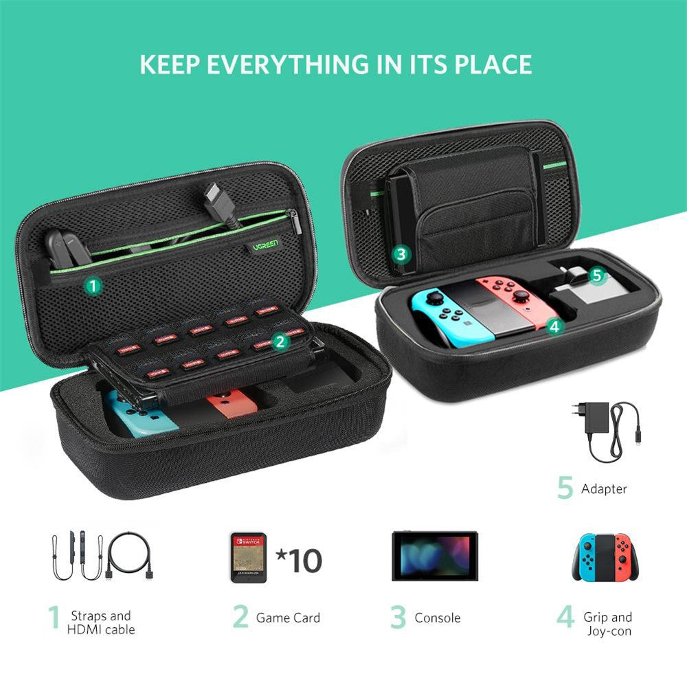 Two views of the packed case with icons for straps and HDMI cable, game cards, console, grip and Joy-Con, and adapter