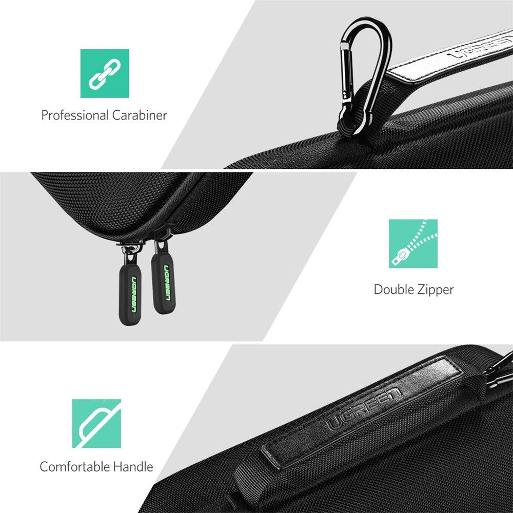 Close-ups of the case's metal carabiner, double zip pulls and padded carry handle