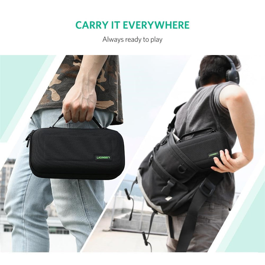 Two people carrying the case by hand and clipped to a backpack, captioned carry it everywhere