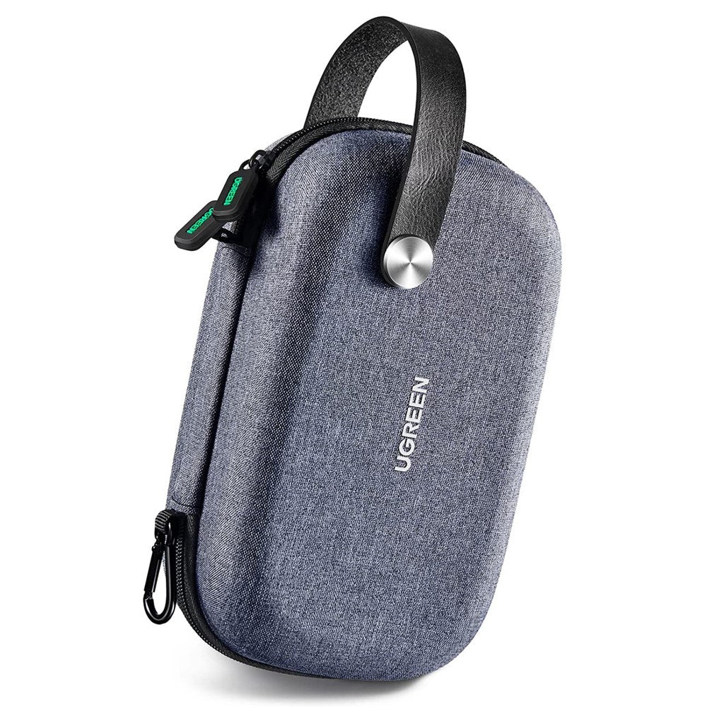 UGREEN grey hard-shell electronics organiser closed, with its carry loop and side carabiner