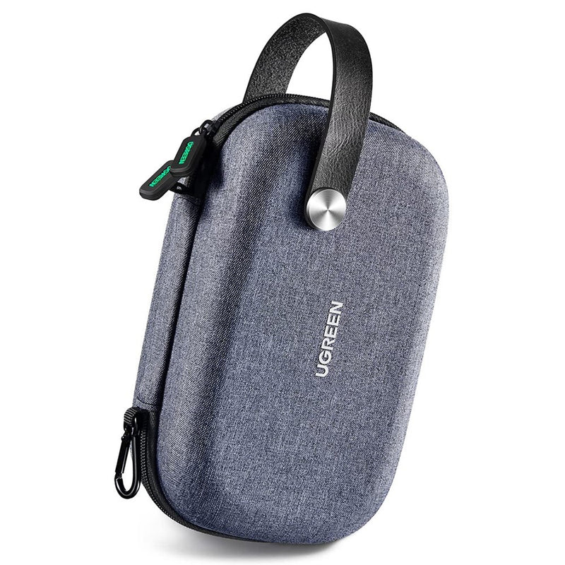 UGREEN grey hard-shell electronics organiser closed, with its carry loop and side carabiner