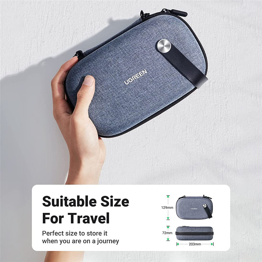 A hand holding the closed organiser, captioned suitable size for travel with its dimensions