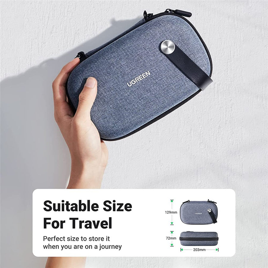 A hand holding the closed organiser, captioned suitable size for travel with its dimensions