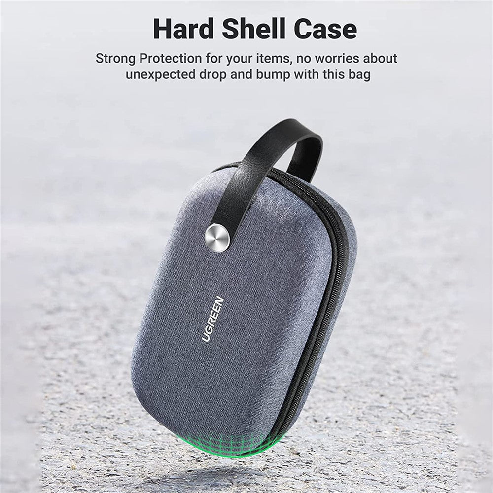 The organiser standing on gravel, captioned hard shell case for protection against drops and bumps