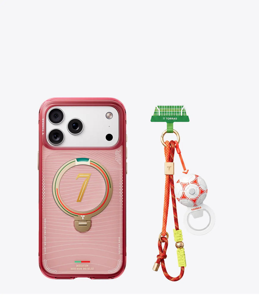 TORRAS football phone lanyard clipped to an iPhone in an Ostand Q3 Air case