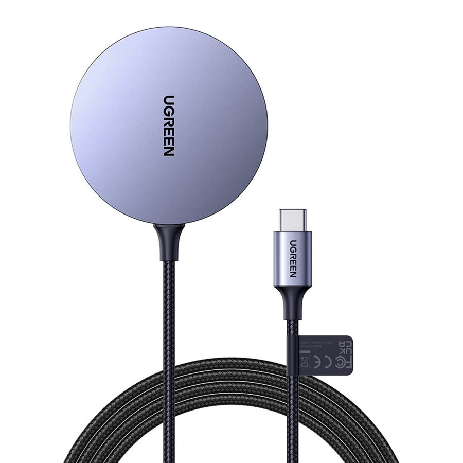 UGREEN 30233 magnetic wireless charger, a lavender puck with a braided USB-C cable coiled beside it