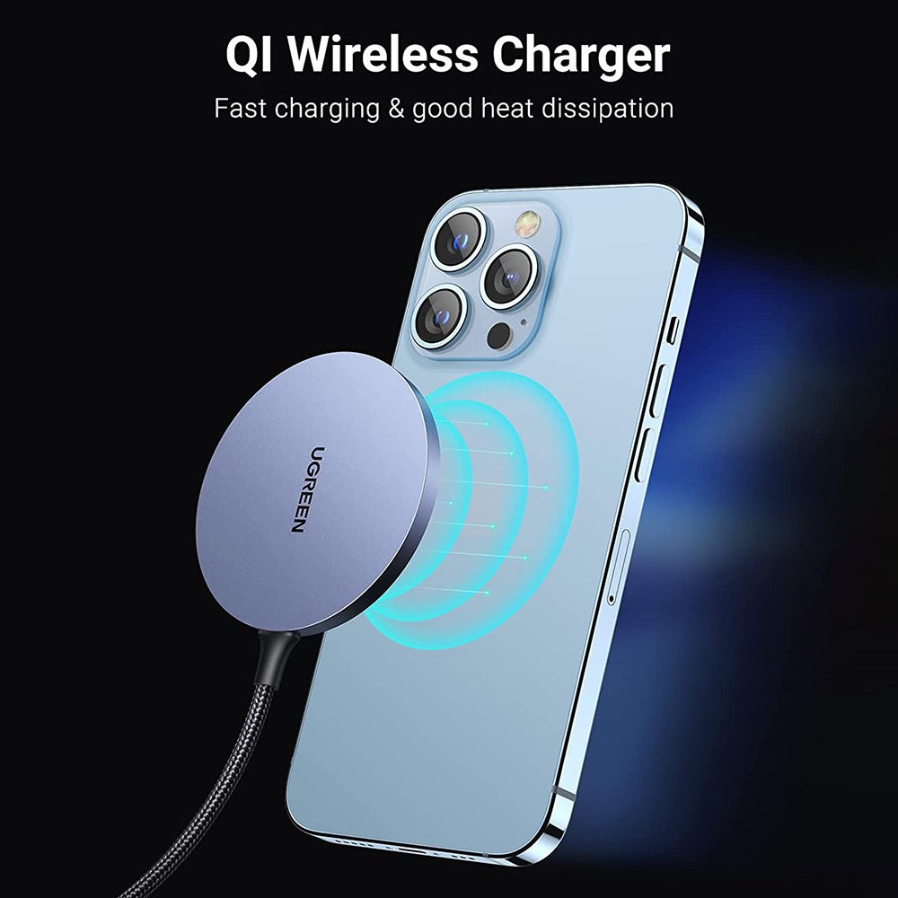 The charger snapped to the back of an iPhone with charging waves illustrated, captioned Qi wireless charger