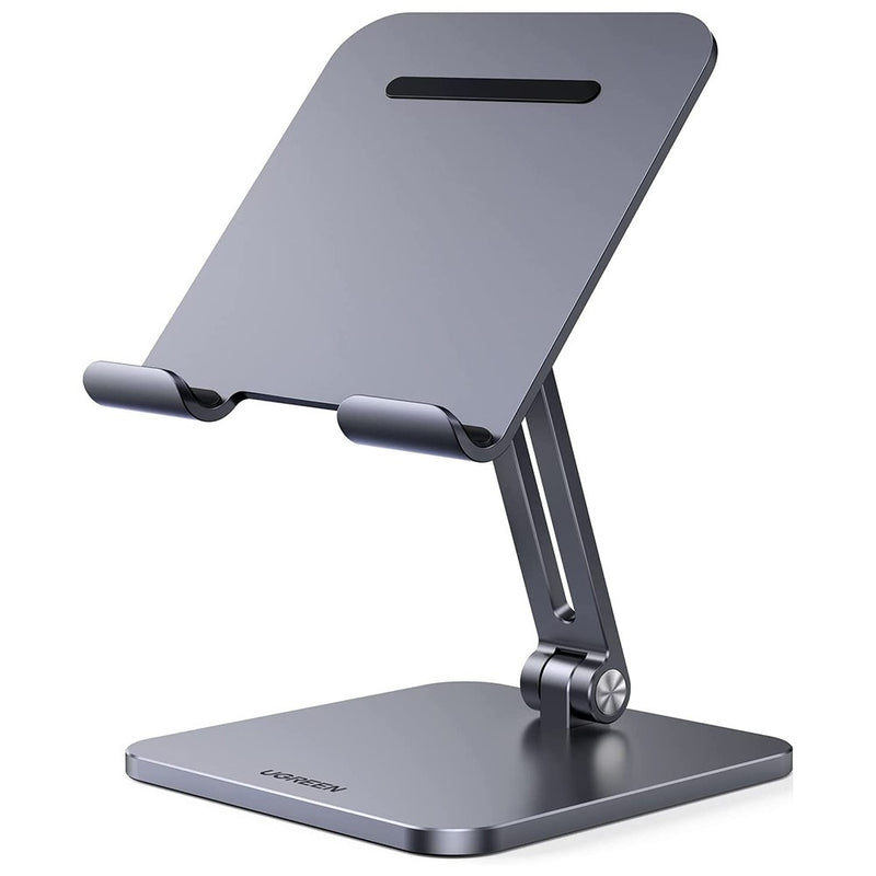UGREEN 40393 folding aluminium tablet stand in anthracite, empty and set at a typing angle
