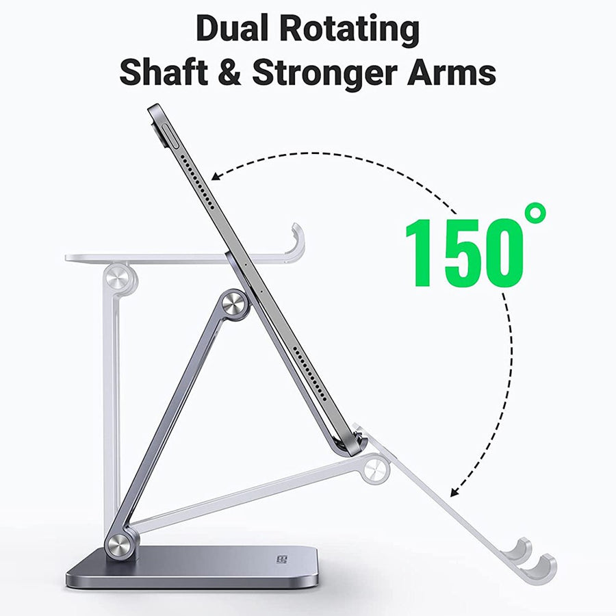 Diagram of the stand's dual rotating shaft sweeping through a 150 degree range