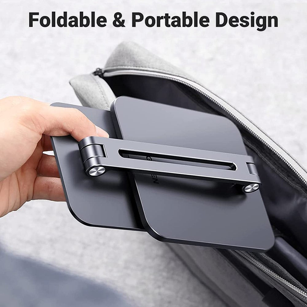 A hand sliding the folded-flat stand into a laptop bag, captioned foldable and portable design