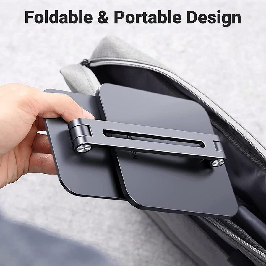 A hand sliding the folded-flat stand into a laptop bag, captioned foldable and portable design