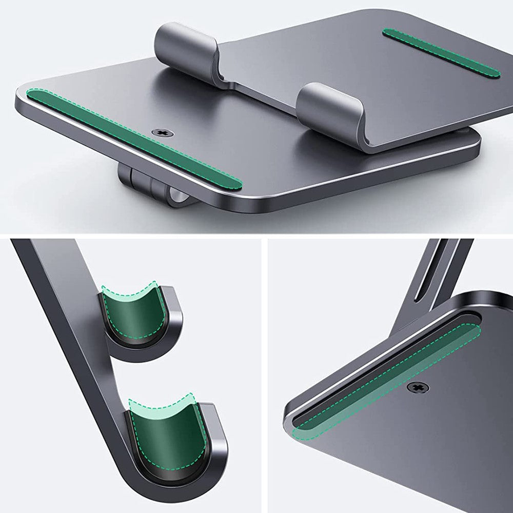 Close-ups of the stand's green silicone grip pads on the arms and base
