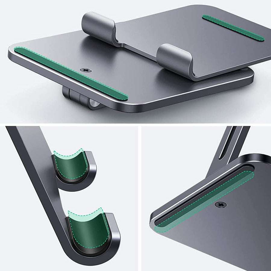 Close-ups of the stand's green silicone grip pads on the arms and base