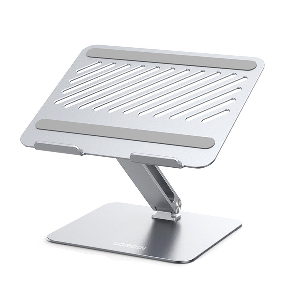 UGREEN 40291 folding laptop stand in silver aluminium, raised and empty, showing its vented support plate