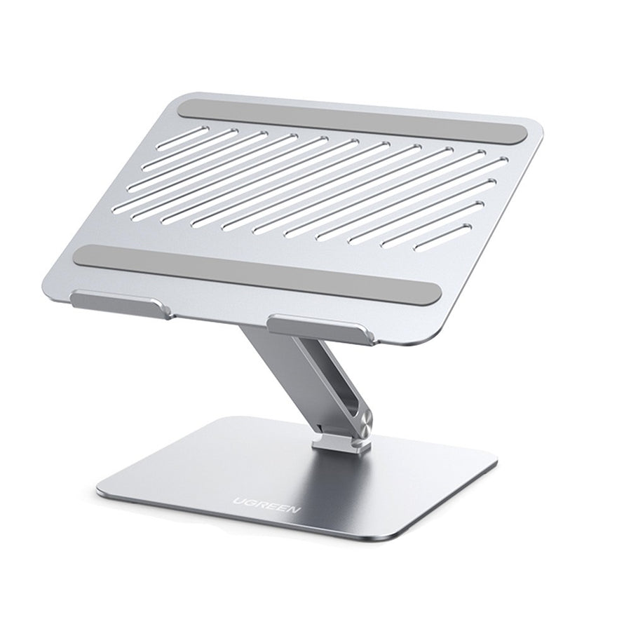 UGREEN 40291 folding laptop stand in silver aluminium, raised and empty, showing its vented support plate