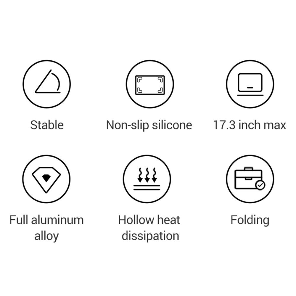 Six feature icons: stable, non-slip silicone, 17.3 inch maximum, full aluminium alloy, hollow heat dissipation and folding