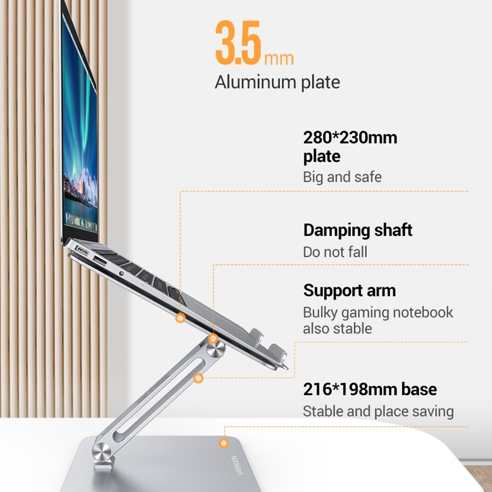 Annotated view of the stand: 3.5 mm aluminium plate, 280 by 230 mm support plate, damping shaft, support arm and 216 by 198 mm base