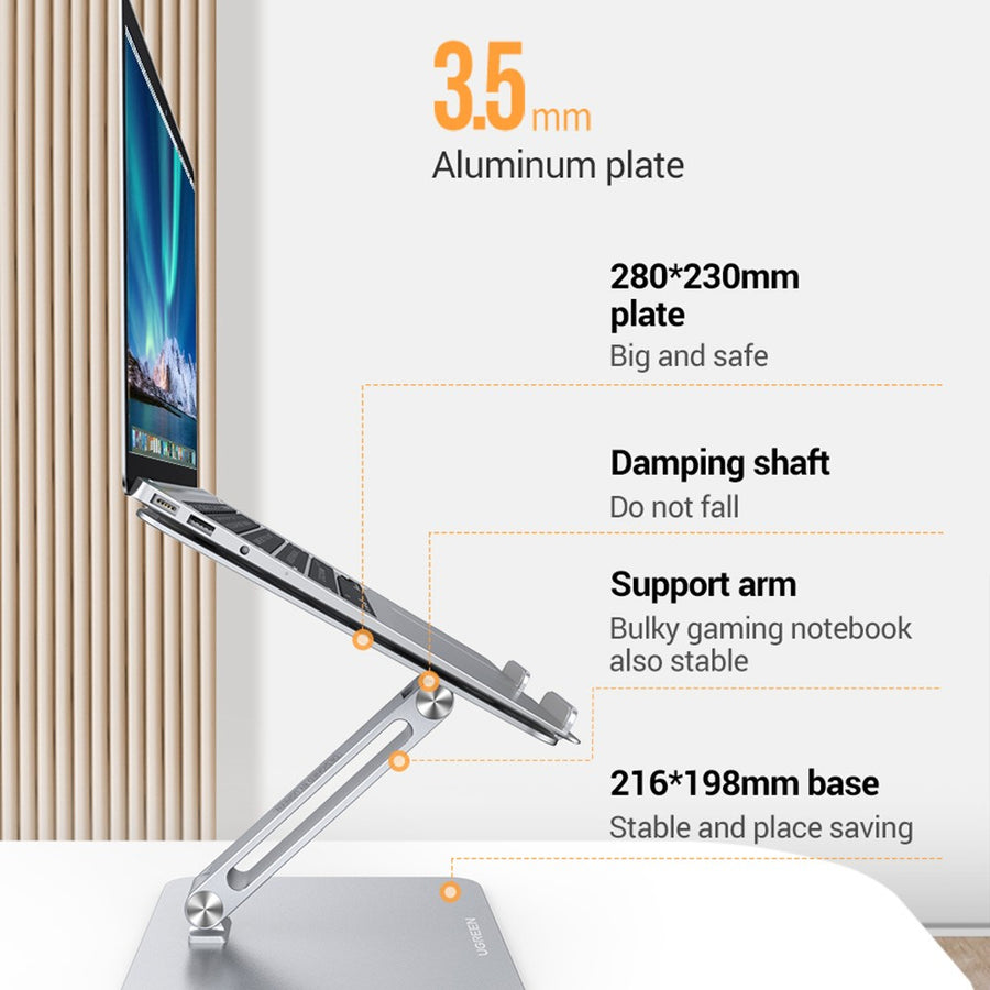 Annotated view of the stand: 3.5 mm aluminium plate, 280 by 230 mm support plate, damping shaft, support arm and 216 by 198 mm base