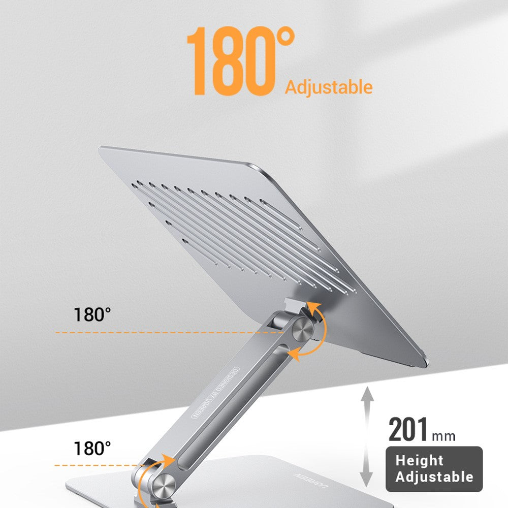 Diagram showing both hinges rotating 180 degrees and a 201 mm height adjustment range