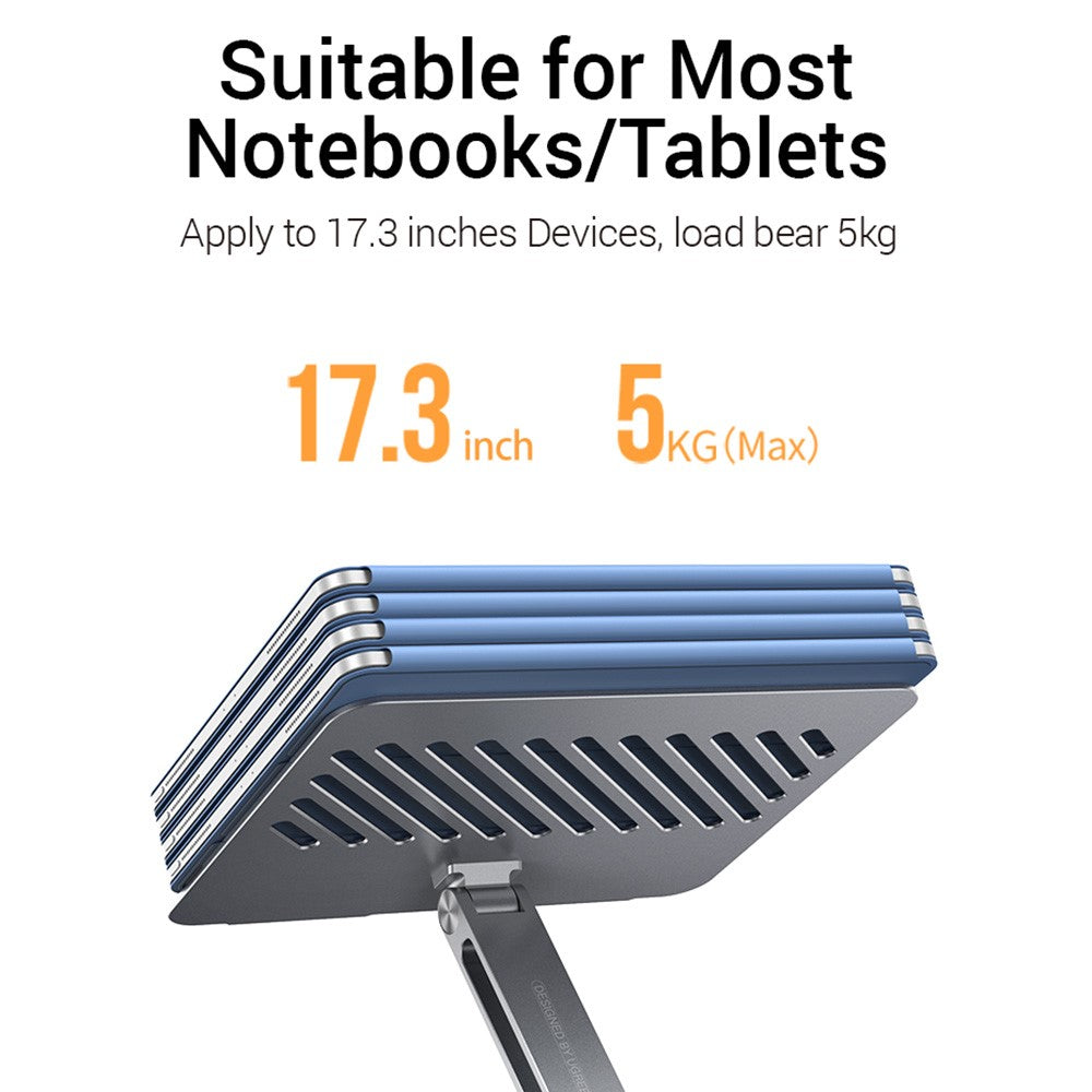 Stacked view of the support plate captioned suitable for most notebooks and tablets, up to 17.3 inch and 5 kg