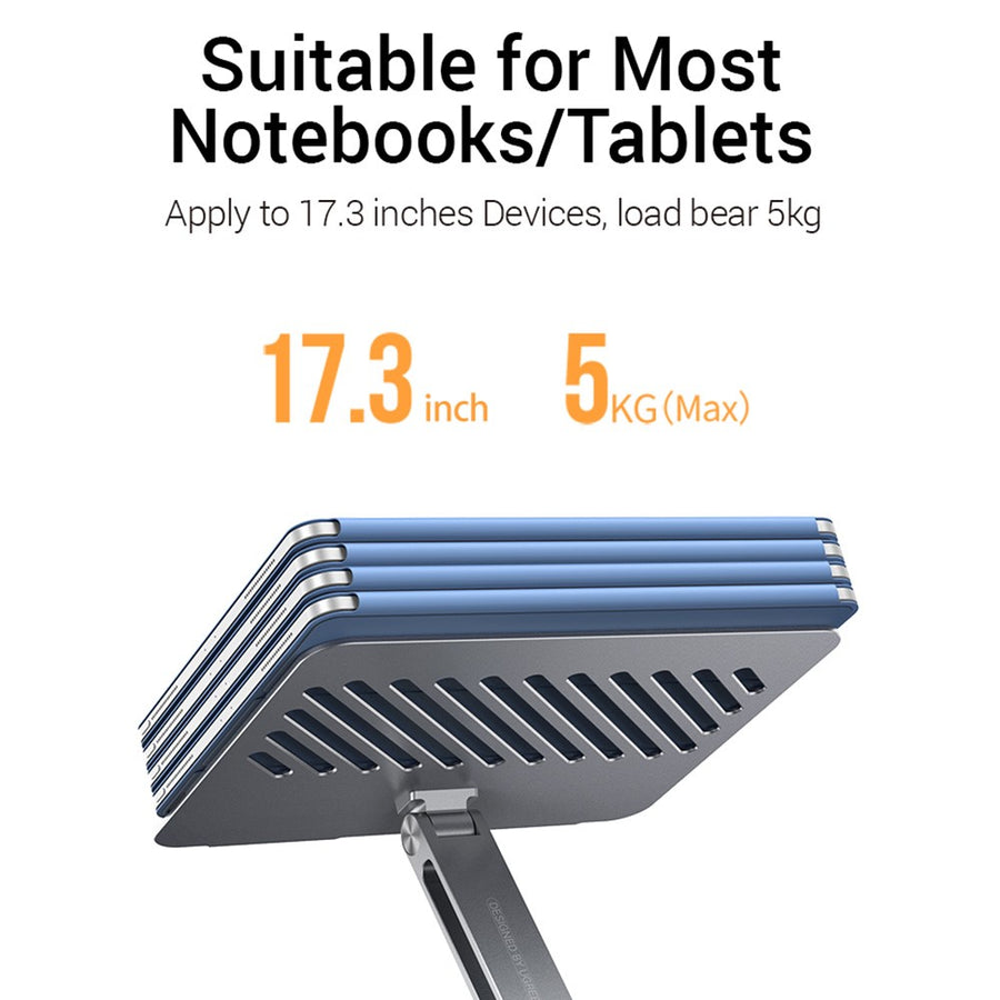 Stacked view of the support plate captioned suitable for most notebooks and tablets, up to 17.3 inch and 5 kg