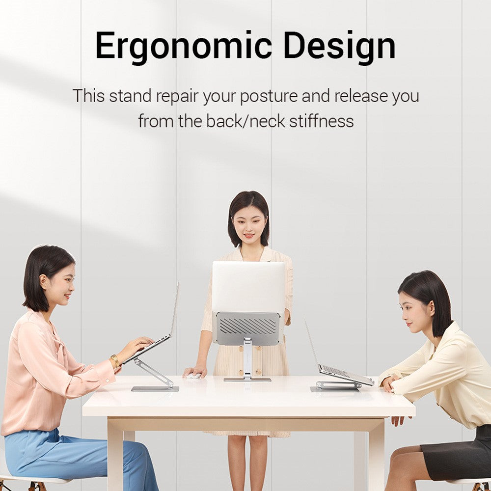 Three people at a table using laptops on stands, captioned ergonomic design to relieve back and neck stiffness