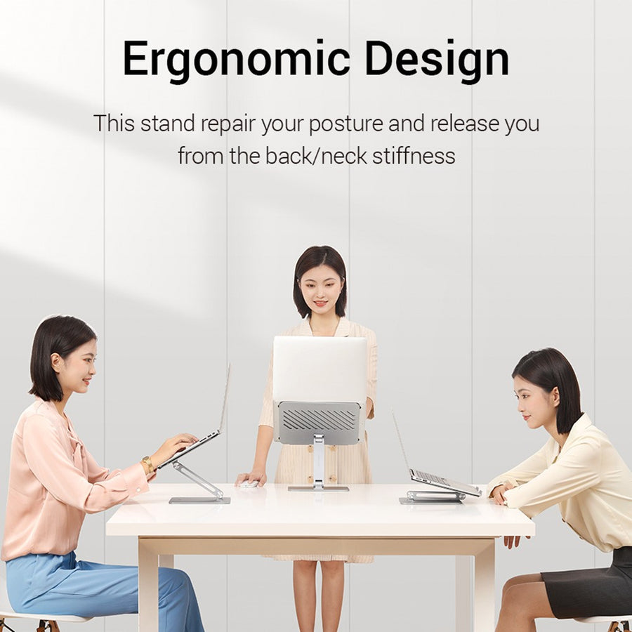 Three people at a table using laptops on stands, captioned ergonomic design to relieve back and neck stiffness