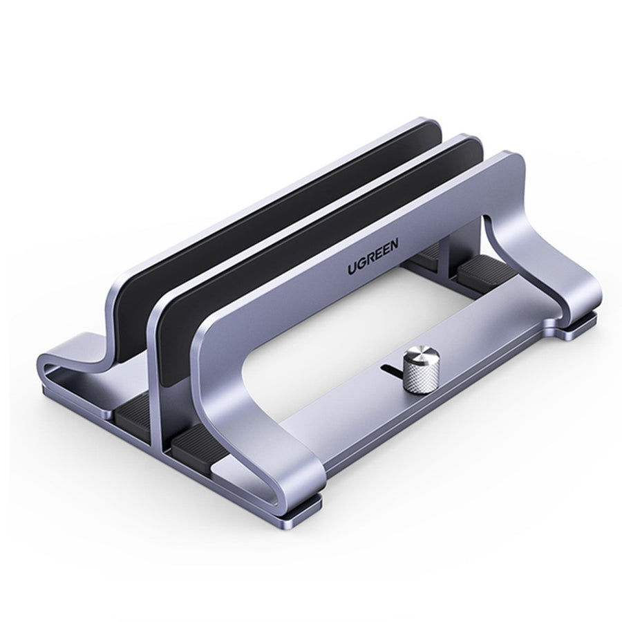 UGREEN 60643 dual-slot vertical laptop stand in grey aluminium, shown empty from above