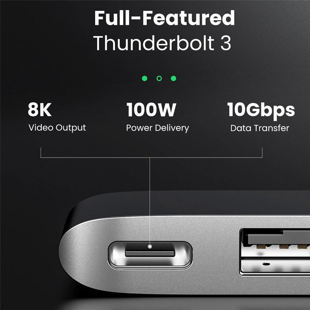 Close-up of the hub's Thunderbolt 3 port, captioned 8K video output, 100W power delivery and 10Gbps data transfer