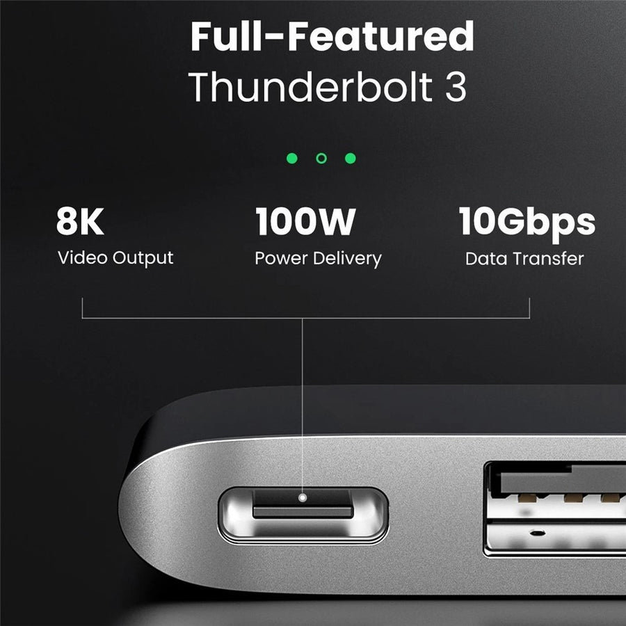 Close-up of the hub's Thunderbolt 3 port, captioned 8K video output, 100W power delivery and 10Gbps data transfer