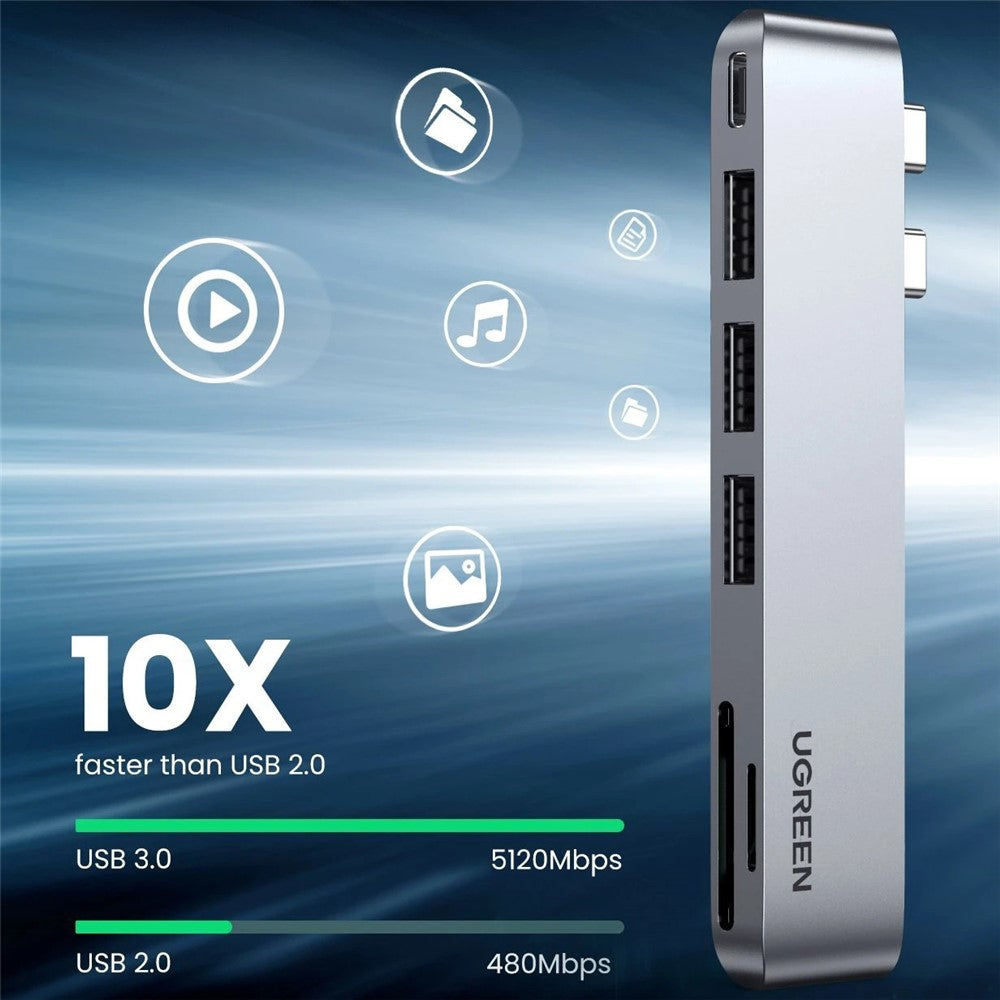 The hub shown upright with media icons, comparing USB 3.0 at 5120Mbps with USB 2.0 at 480Mbps