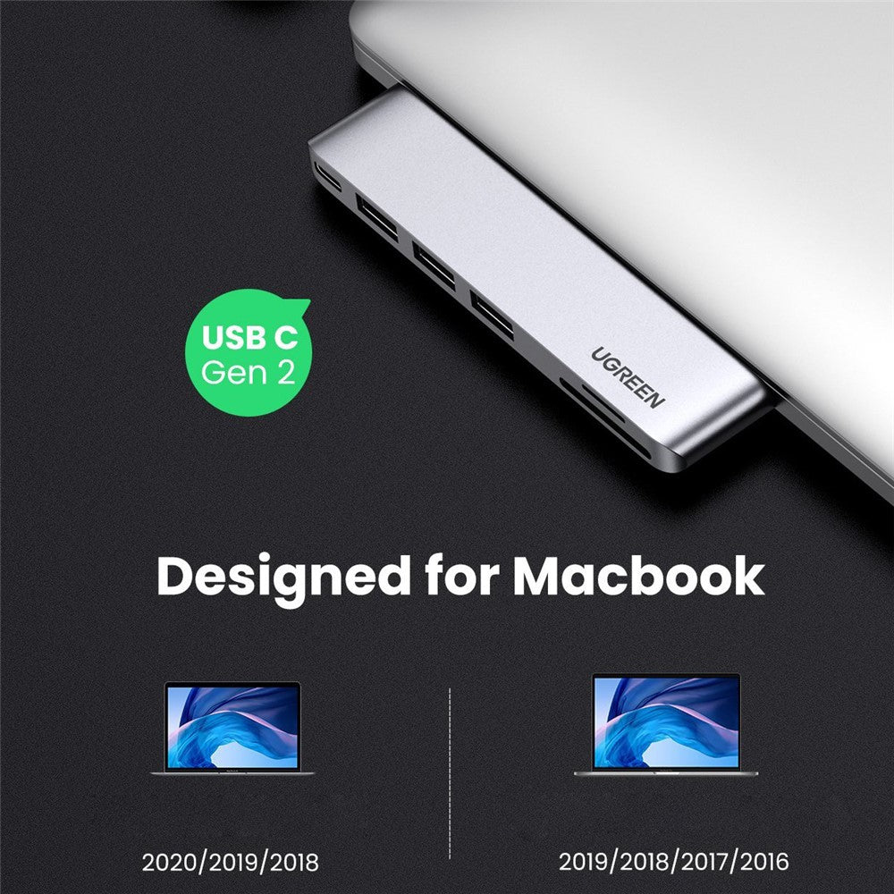 The hub seated on a MacBook edge, captioned designed for MacBook with model years 2016 to 2020