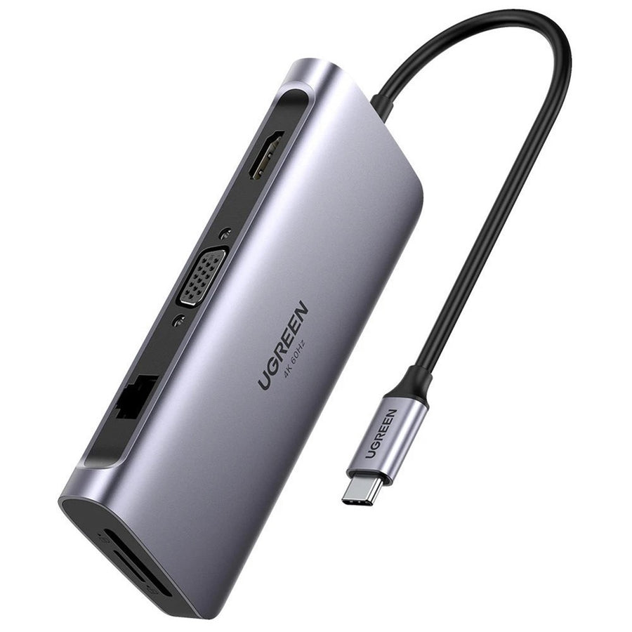 UGREEN 9-in-1 USB-C docking station in grey aluminium with its attached USB-C lead, seen from above