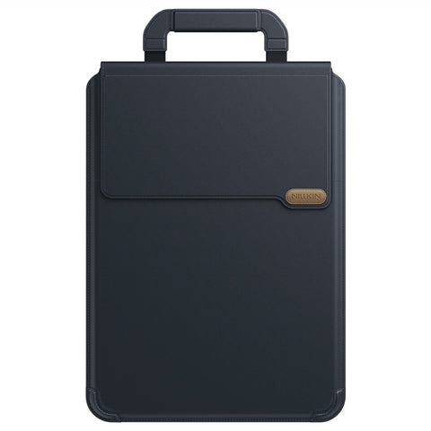 NILLKIN Versatile Pro 14.2-inch laptop sleeve in Dark Blue, closed and upright with the magnetic carry handle raised