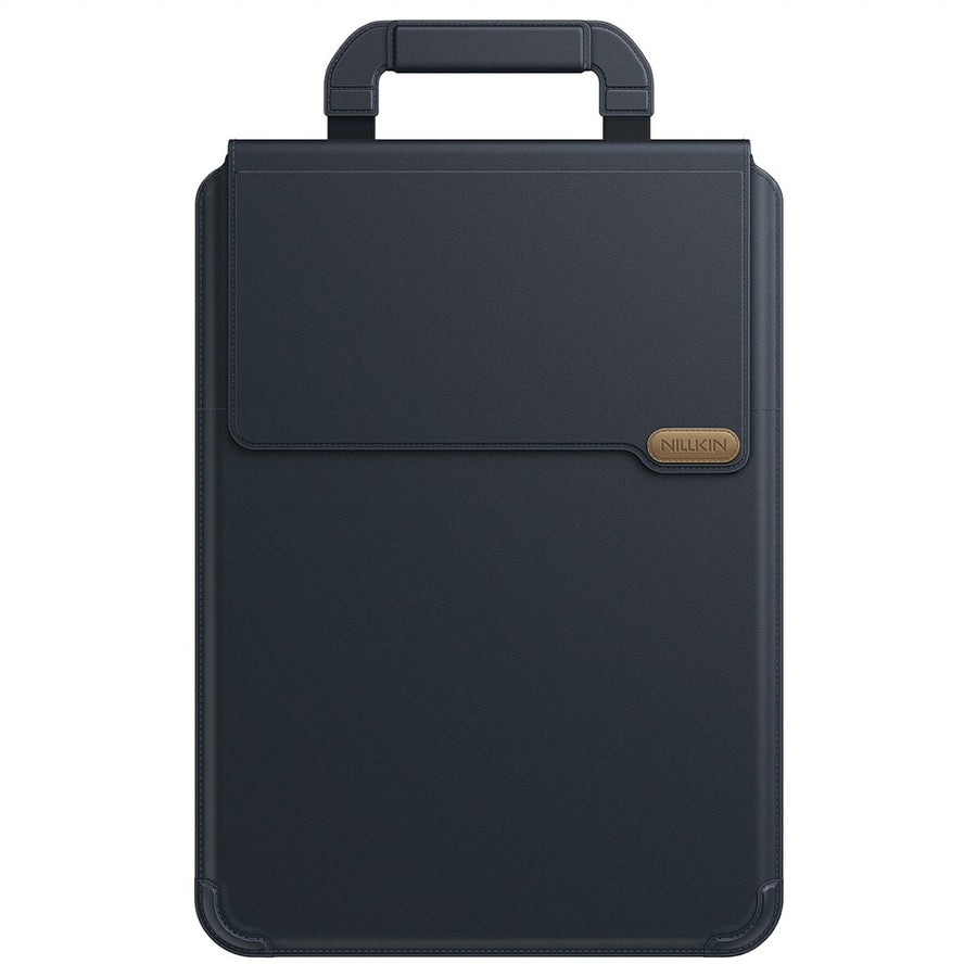 NILLKIN Versatile Pro 14.2-inch laptop sleeve in Dark Blue, closed and upright with the magnetic carry handle raised