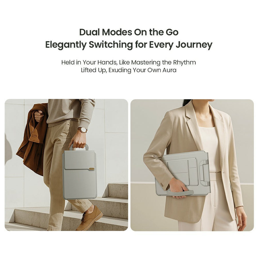 Nillkin slide headed Dual Modes On the Go, showing two people carrying the grey sleeve by hand and tucked under an arm
