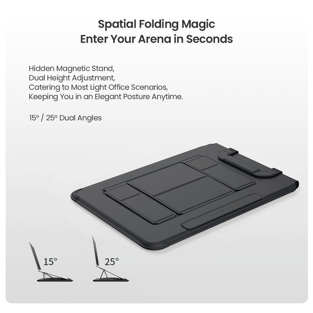 Nillkin slide headed Spatial Folding Magic, showing the hidden magnetic stand with diagrams of its 15 and 25 degree angles