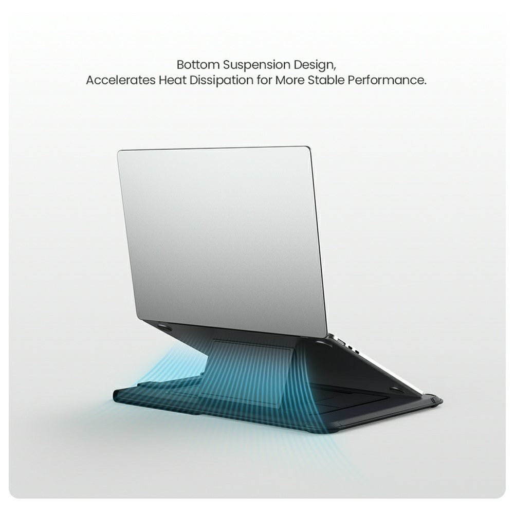 Nillkin slide headed Bottom Suspension Design, showing airflow beneath a laptop raised on the folded sleeve stand