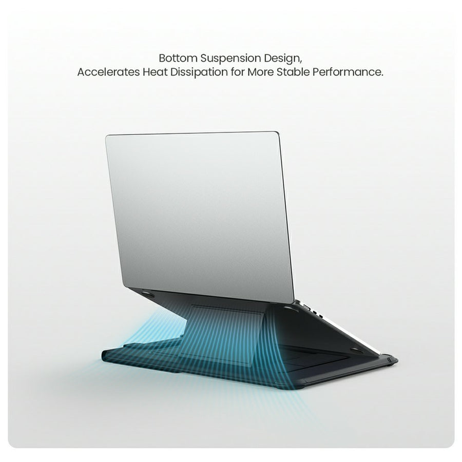 Nillkin slide headed Bottom Suspension Design, showing airflow beneath a laptop raised on the folded sleeve stand
