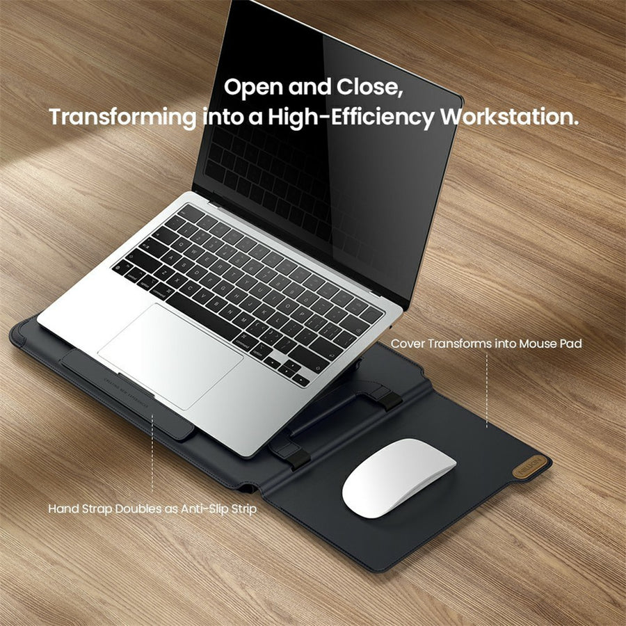 Nillkin slide headed Open and Close, Transforming into a High-Efficiency Workstation, with callouts for the mouse-pad cover and anti-slip hand strap