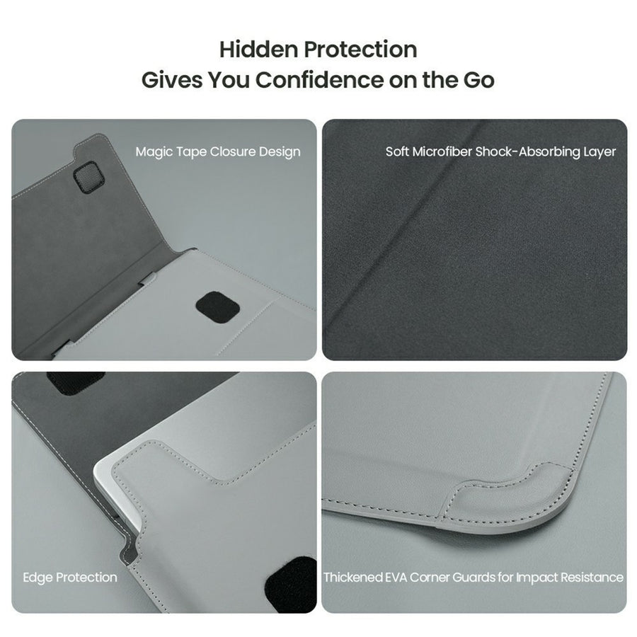 Four-panel Nillkin slide headed Hidden Protection, showing the magic tape closure, microfibre shock-absorbing lining, edge protection and thickened EVA corner guards