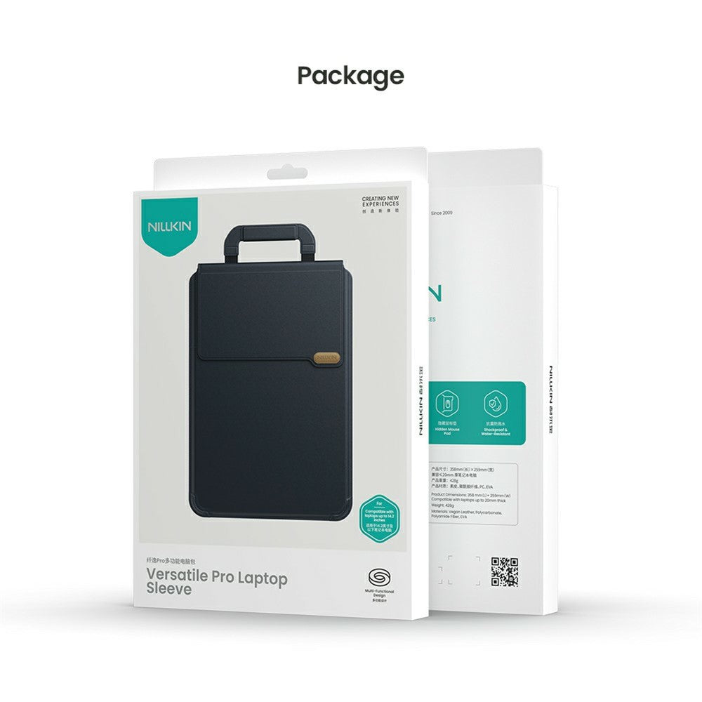 Retail packaging for the NILLKIN Versatile Pro Laptop Sleeve, front and rear of the box