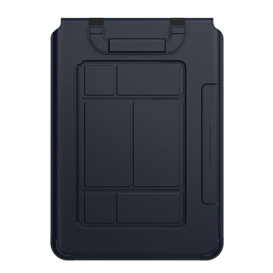 Rear view of the Dark Blue Versatile Pro 14.2-inch sleeve, showing the folded stand panels and recessed retractable strap