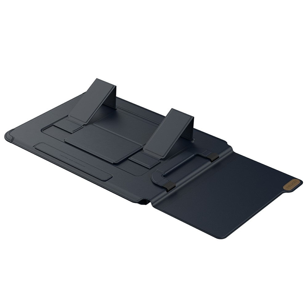 Versatile Pro sleeve opened flat at an angle with both stand risers raised and the mouse-pad flap extended to the right