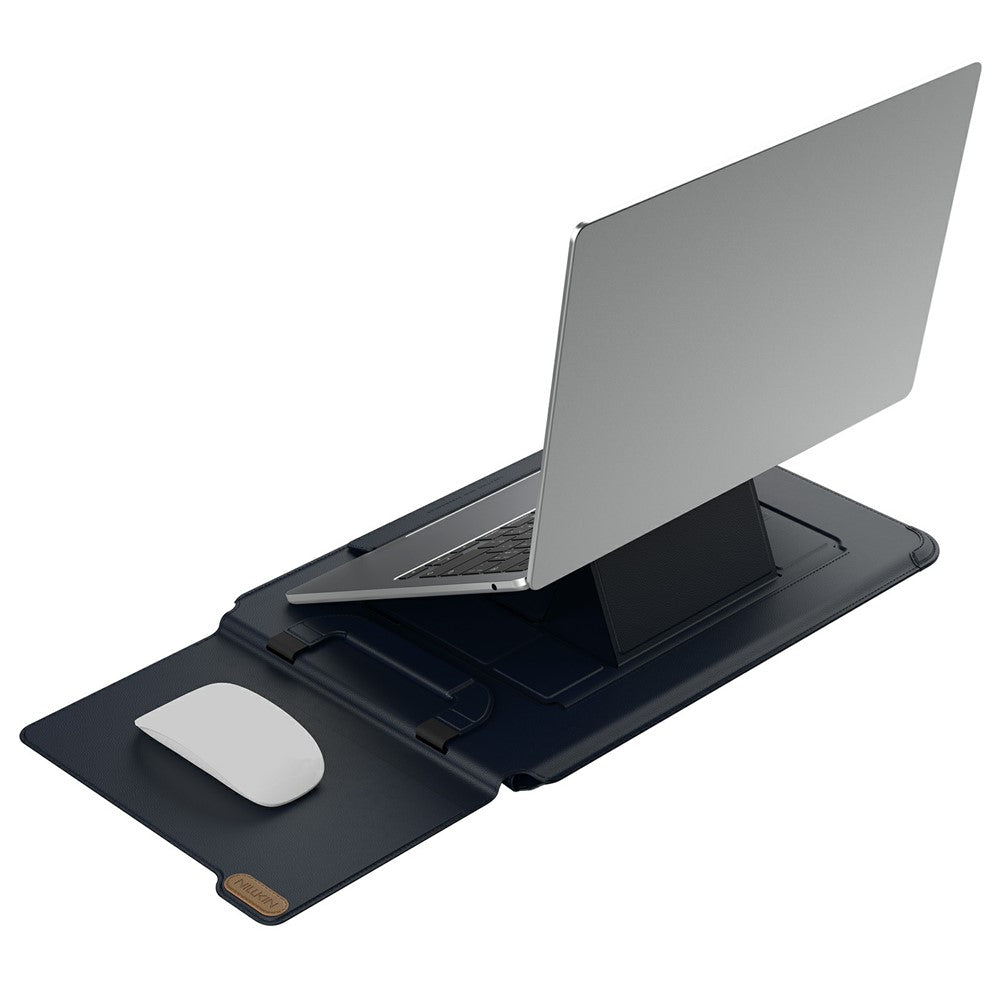 Laptop propped on the opened Versatile Pro sleeve with a white mouse resting on the extended cover flap
