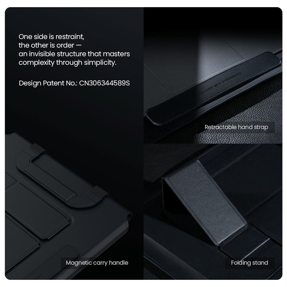 Four-panel Nillkin slide citing design patent CN306344589S, with callouts for the retractable hand strap, magnetic carry handle and folding stand