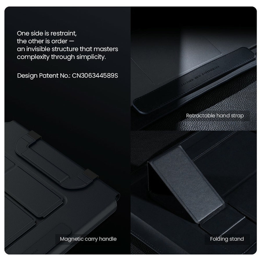 Four-panel Nillkin slide citing design patent CN306344589S, with callouts for the retractable hand strap, magnetic carry handle and folding stand