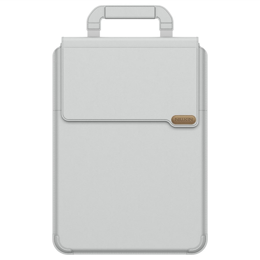 NILLKIN Versatile Pro 14.2-inch laptop sleeve in Grey, closed and upright with the magnetic carry handle raised