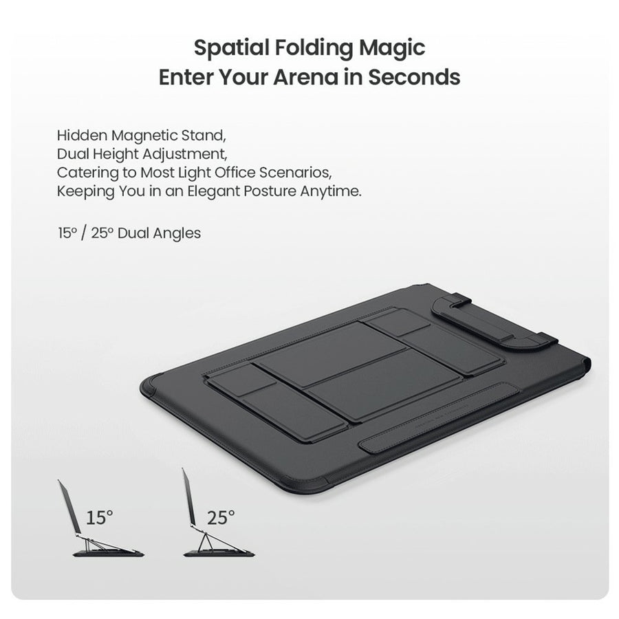 Nillkin slide headed Spatial Folding Magic, showing the hidden magnetic stand with diagrams of its 15 and 25 degree angles