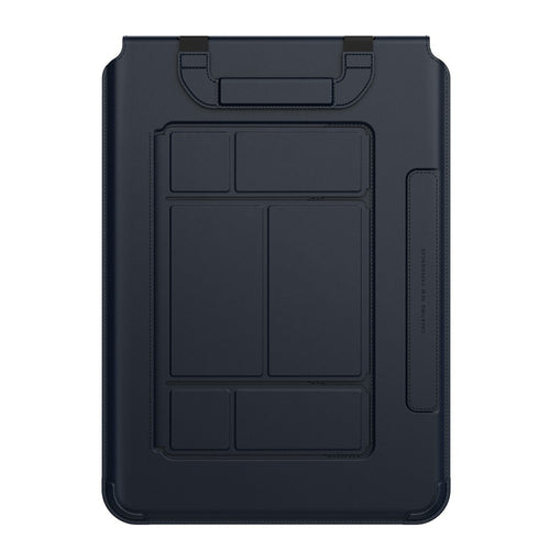 Rear view of the Dark Blue Versatile Pro 16.2-inch sleeve, showing the folded stand panels and recessed retractable strap